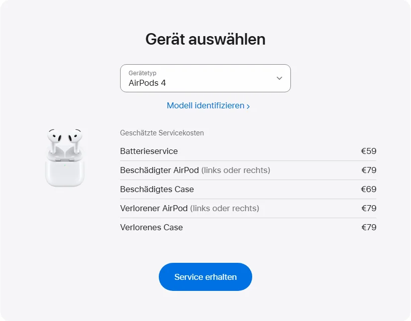 Apple Deutschland's repair pricing panel showing AirPods 4 service estimates
