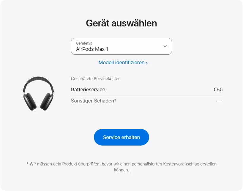 Apple Deutschland's repair pricing panel showing AirPods Max 1 service estimates