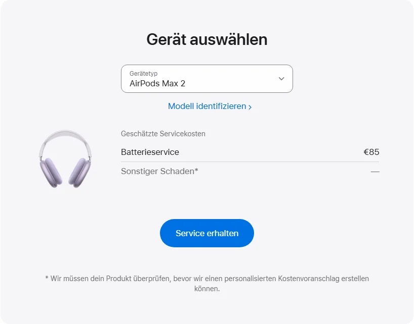 Apple Deutschland's repair pricing panel showing AirPods Max 2 service estimates
