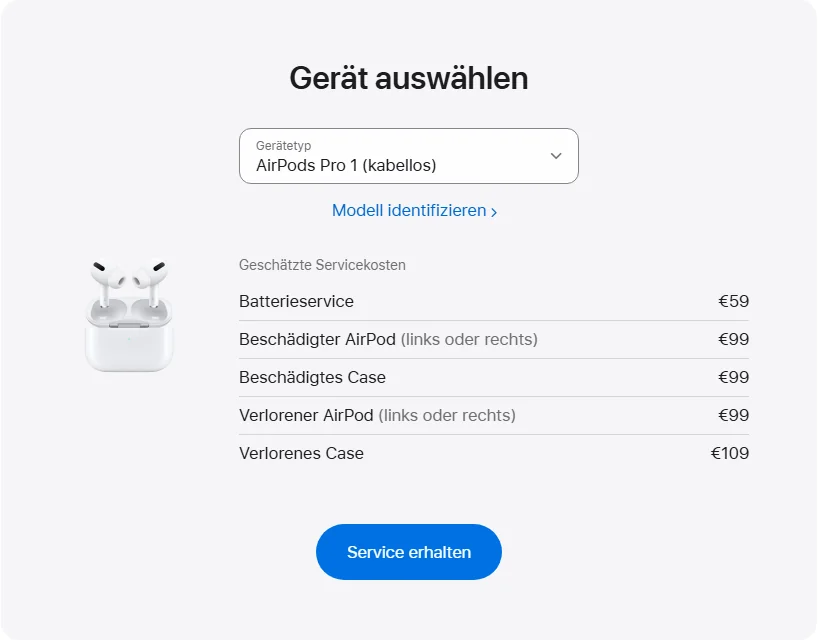 Apple Deutschland's repair pricing panel showing AirPods Pro 1 (kabellos) service estimates