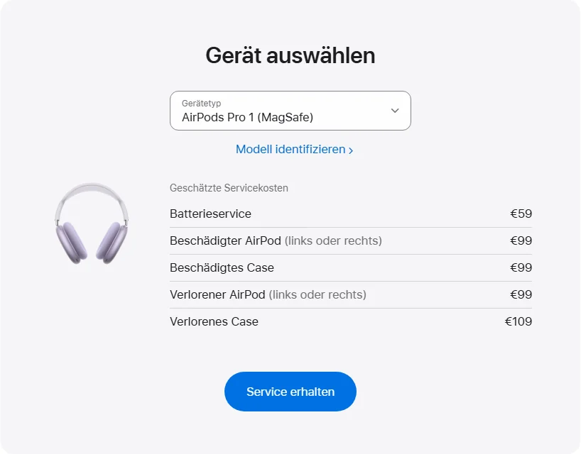Apple Deutschland's repair pricing panel showing AirPods Pro 1 (MagSafe) service estimates