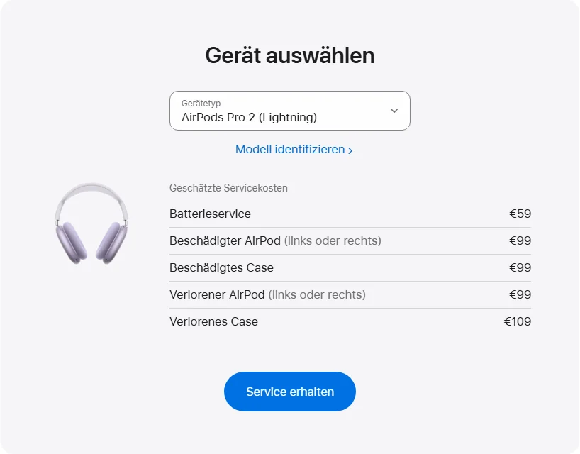 Apple Deutschland's repair pricing panel showing AirPods Pro 2 (Lightning) service estimates