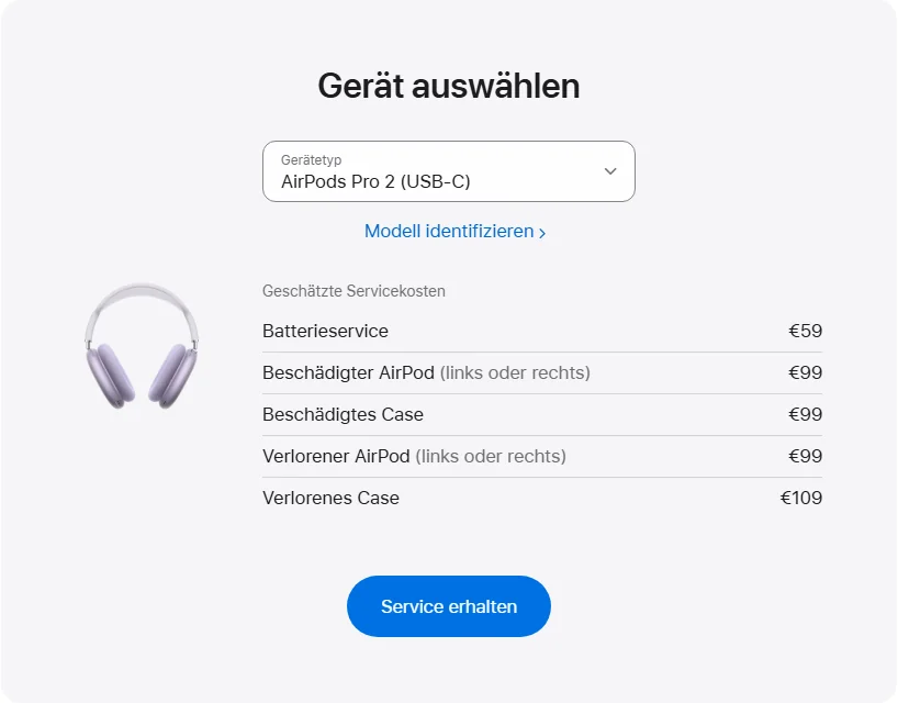 Apple Deutschland's repair pricing panel showing AirPods Pro 2 (USB-C) service estimates