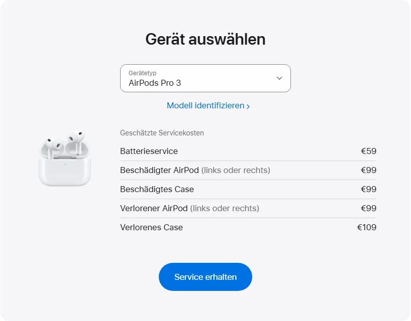 Apple Deutschland's repair pricing panel showing AirPods Pro 3 service estimates