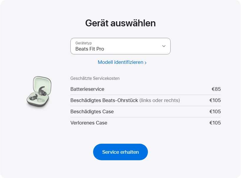 Apple Deutschland's repair pricing panel showing Beats Fit Pro service estimates