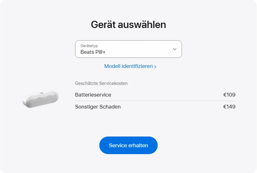 Apple Deutschland's repair pricing panel showing Beats Pill+ service estimates
