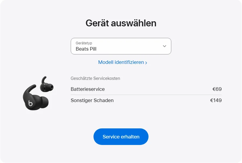 Apple Deutschland's repair pricing panel showing Beats Pill service estimates