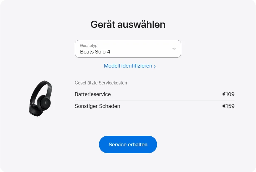 Apple Deutschland's repair pricing panel showing Beats Solo 4 service estimates