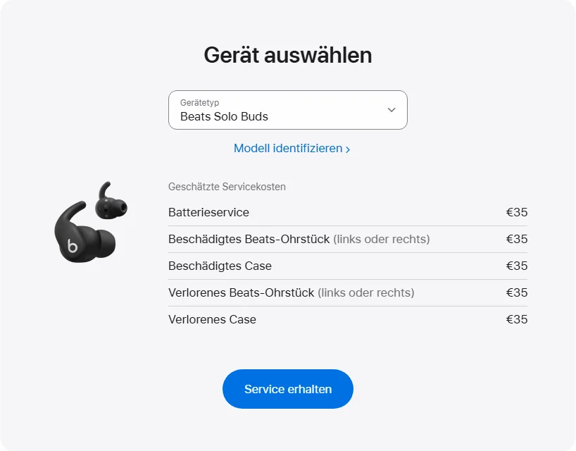 Apple Deutschland's repair pricing panel showing Beats Solo Buds service estimates