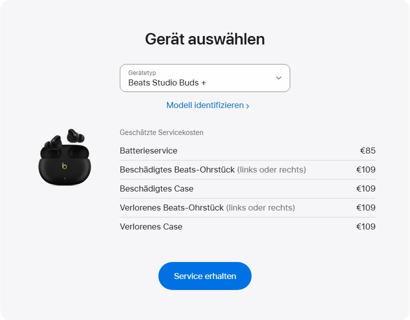 Apple Deutschland's repair pricing panel showing Beats Studio Buds + service estimates