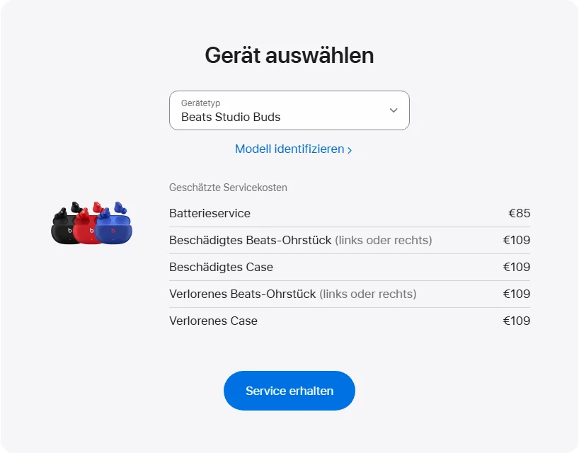 Apple Deutschland's repair pricing panel showing Beats Studio Buds service estimates