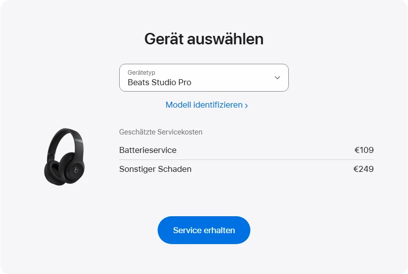Apple Deutschland's repair pricing panel showing Beats Studio Pro service estimates