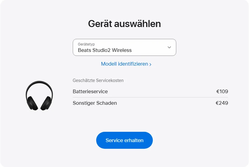 Apple Deutschland's repair pricing panel showing Beats Studio2 Wireless service estimates