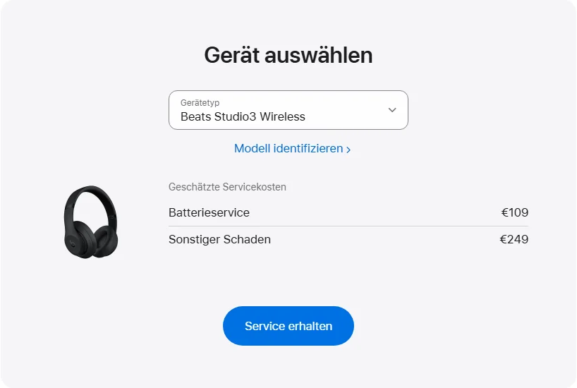 Apple Deutschland's repair pricing panel showing Beats Studio3 Wireless service estimates