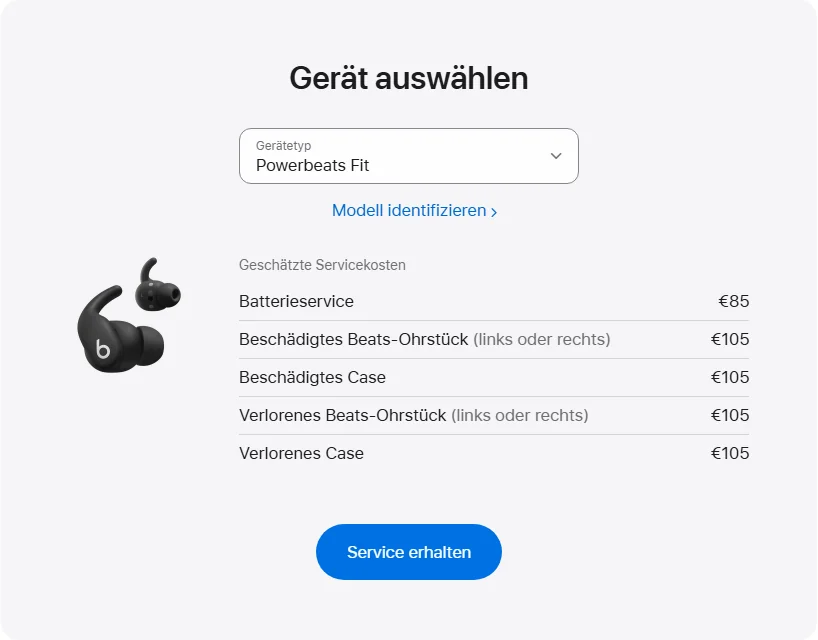 Apple Deutschland's repair pricing panel showing Powerbeats Fit service estimates