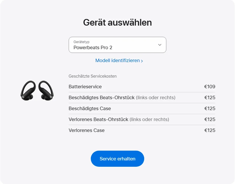 Apple Deutschland's repair pricing panel showing Powerbeats Pro 2 service estimates
