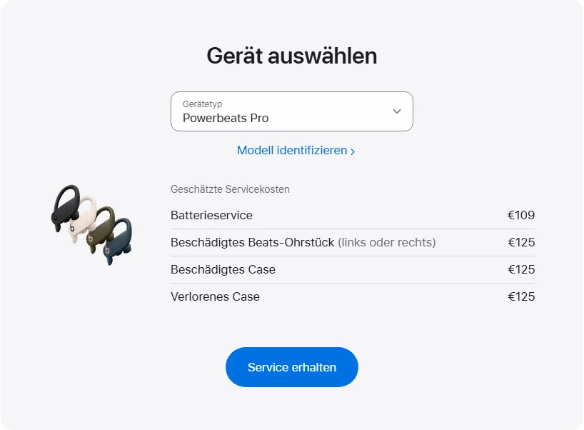 Apple Deutschland's repair pricing panel showing Powerbeats Pro service estimates