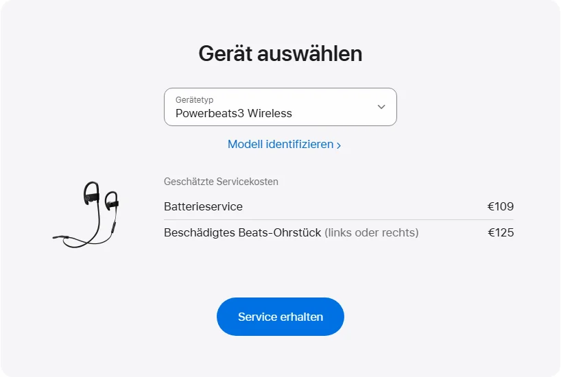 Apple Deutschland's repair pricing panel showing Powerbeats3 Wireless service estimates