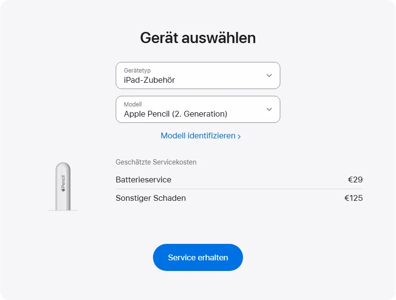Apple Deutschland's repair pricing panel showing Apple Pencil (2. Generation) service estimates