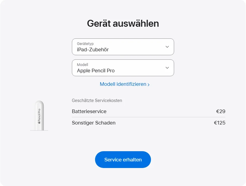 Apple Deutschland's repair pricing panel showing Apple Pencil Pro service estimates
