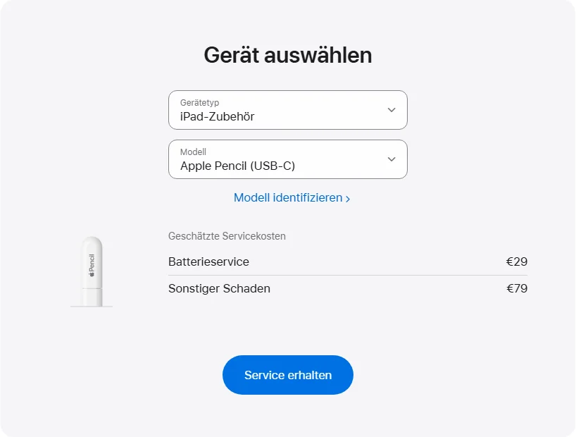 Apple Deutschland's repair pricing panel showing Apple Pencil (USB-C) service estimates
