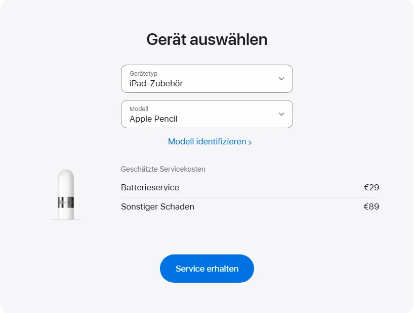 Apple Deutschland's repair pricing panel showing Apple Pencil service estimates