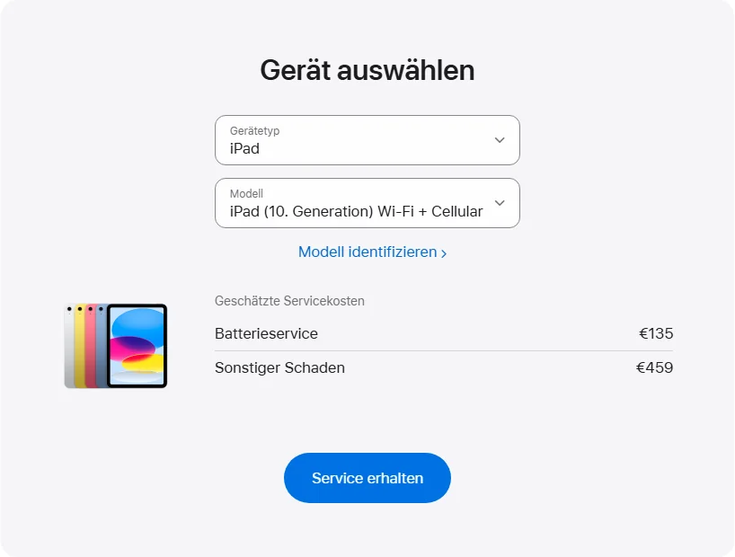 Apple Deutschland's repair pricing panel showing iPad (10. Generation) Wi-Fi + Cellular service estimates