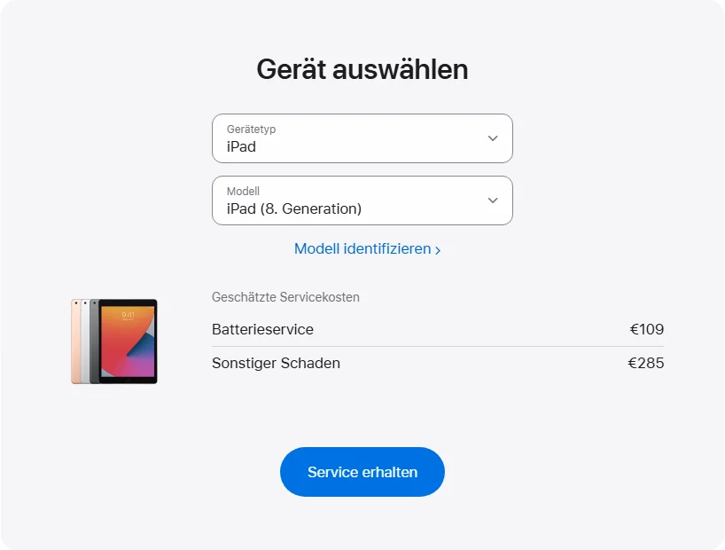 Apple Deutschland's repair pricing panel showing iPad (8. Generation) service estimates