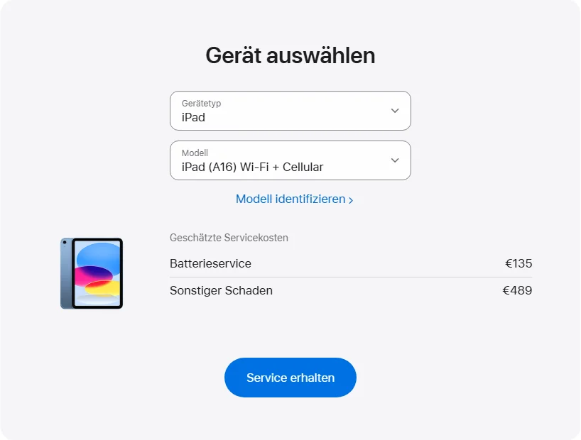 Apple Deutschland's repair pricing panel showing iPad (A16) Wi-Fi + Cellular service estimates