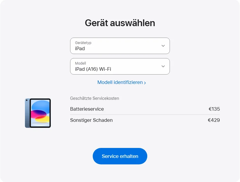 Apple Deutschland's repair pricing panel showing iPad (A16) Wi-Fi service estimates