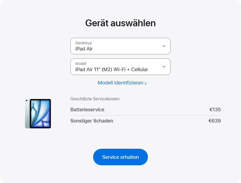 Apple Deutschland's repair pricing panel showing iPad Air 11" (M2) Wi-Fi + Cellular service estimates