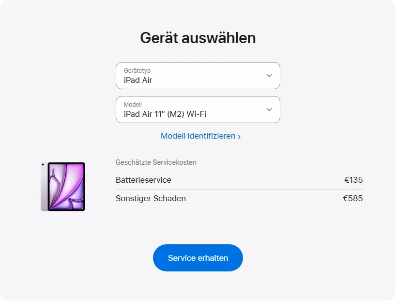 Apple Deutschland's repair pricing panel showing iPad Air 11" (M2) Wi-Fi service estimates