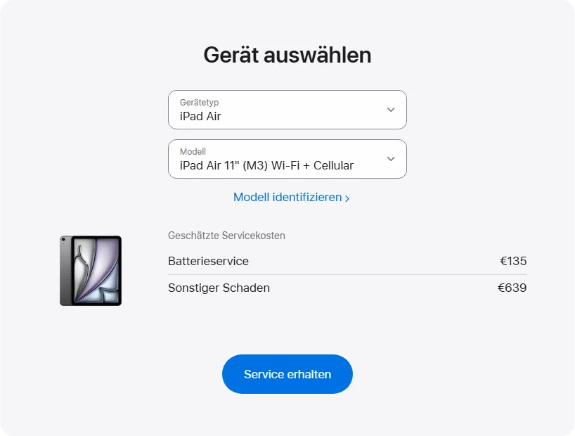 Apple Deutschland's repair pricing panel showing iPad Air 11" (M3) Wi-Fi + Cellular service estimates