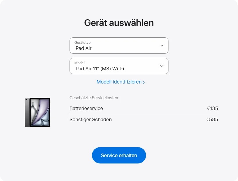 Apple Deutschland's repair pricing panel showing iPad Air 11" (M3) Wi-Fi service estimates