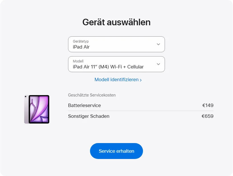 Apple Deutschland's repair pricing panel showing iPad Air 11″ (M4) Wi-Fi + Cellular service estimates