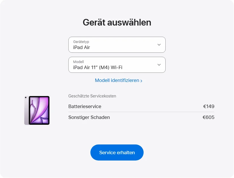 Apple Deutschland's repair pricing panel showing iPad Air 11″ (M4) Wi-Fi service estimates