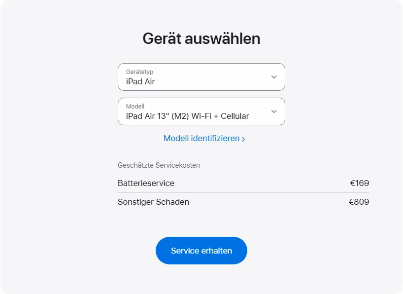 Apple Deutschland's repair pricing panel showing iPad Air 13" (M2) Wi-Fi + Cellular service estimates