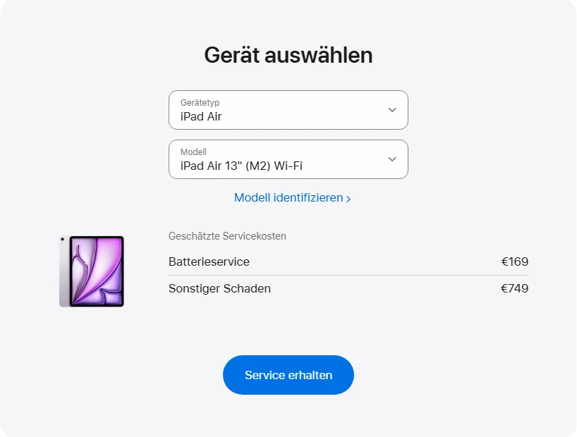 Apple Deutschland's repair pricing panel showing iPad Air 13" (M2) Wi-Fi service estimates