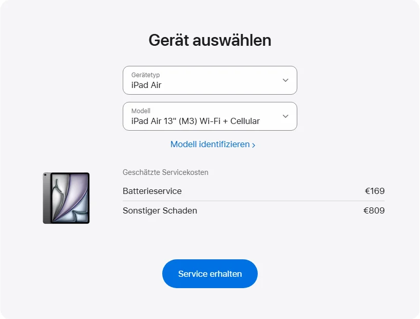 Apple Deutschland's repair pricing panel showing iPad Air 13" (M3) Wi-Fi + Cellular service estimates