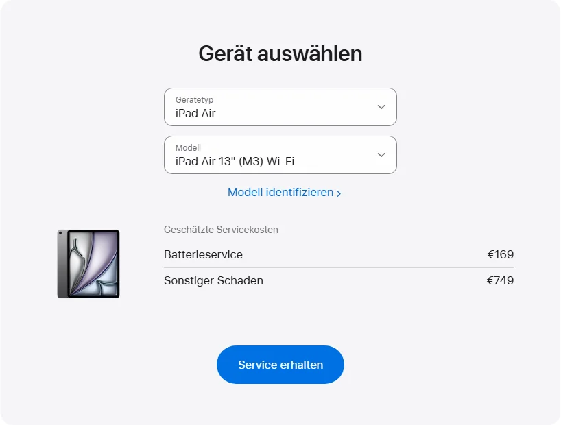 Apple Deutschland's repair pricing panel showing iPad Air 13" (M3) Wi-Fi service estimates