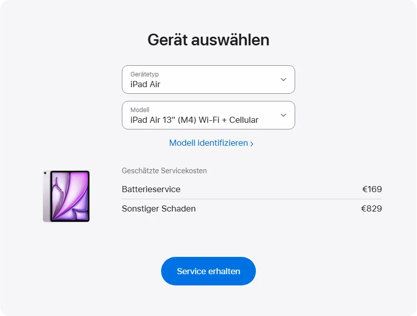 Apple Deutschland's repair pricing panel showing iPad Air 13″ (M4) Wi-Fi + Cellular service estimates