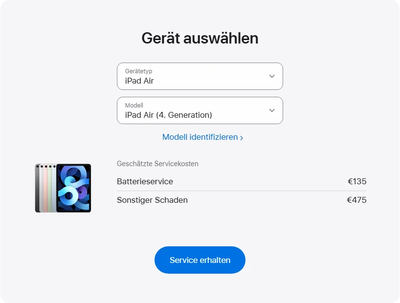 Apple Deutschland's repair pricing panel showing iPad Air (4. Generation) service estimates