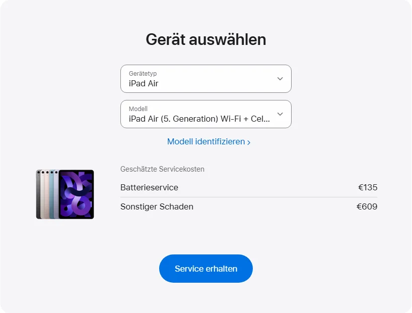 Apple Deutschland's repair pricing panel showing iPad Air (5. Generation) Wi-Fi + Cellular service estimates