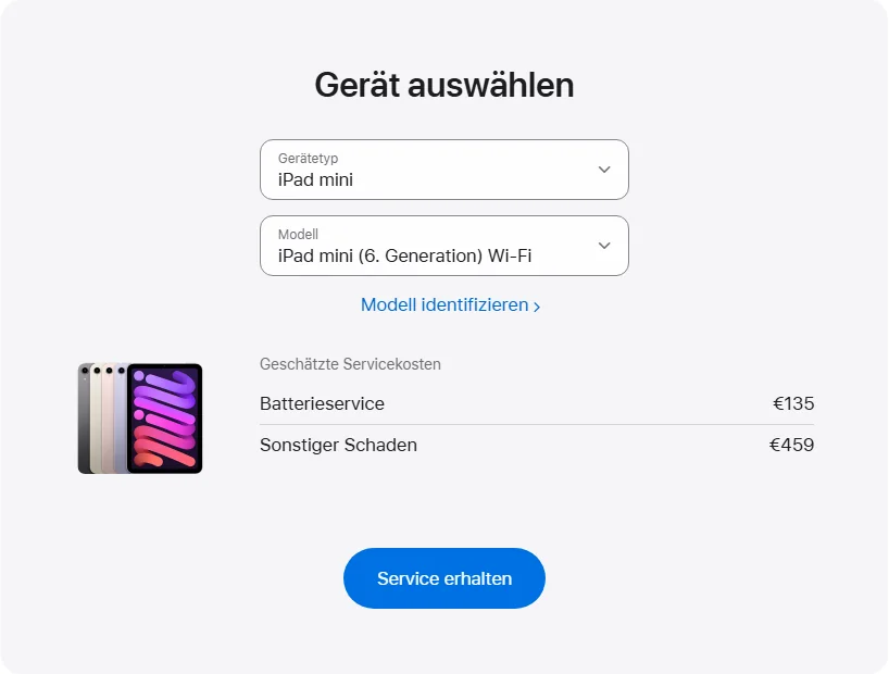 Apple Deutschland's repair pricing panel showing iPad mini (6. Generation) Wi-Fi service estimates