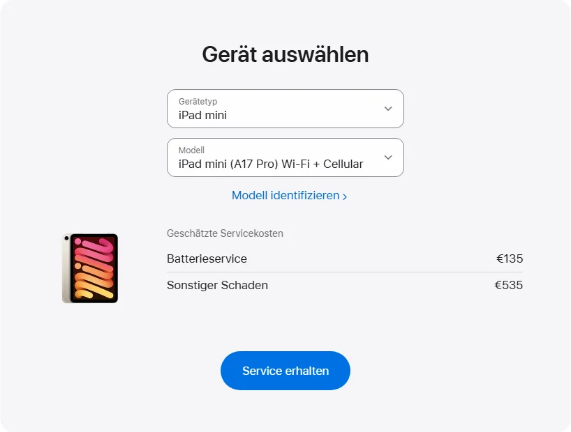 Apple Deutschland's repair pricing panel showing iPad mini (A17 Pro) Wi-Fi + Cellular service estimates