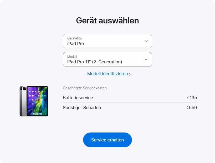 Apple Deutschland's repair pricing panel showing iPad Pro 11" (2. Generation) service estimates