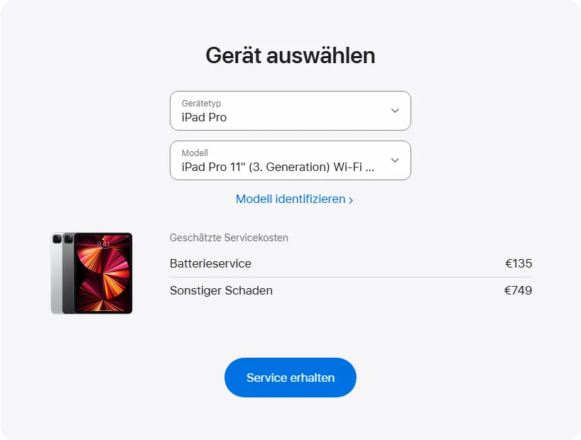 Apple Deutschland's repair pricing panel showing iPad Pro 11" (3. Generation) Wi-Fi + Cellular service estimates