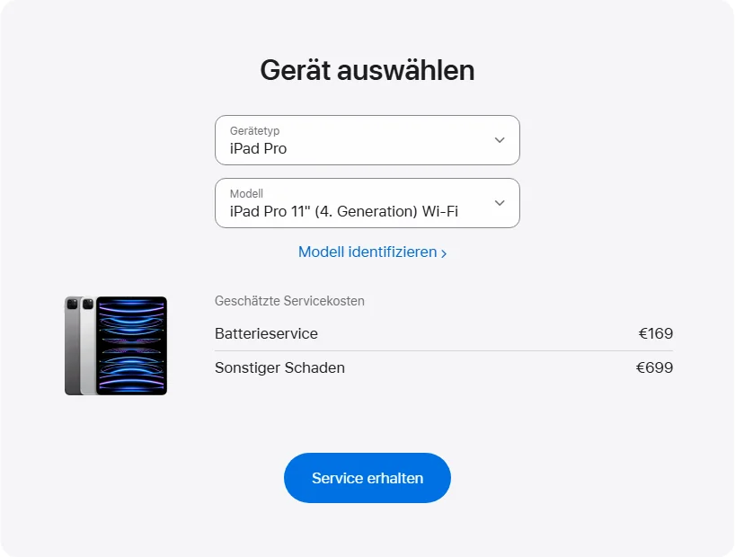 Apple Deutschland's repair pricing panel showing iPad Pro 11" (4. Generation) Wi-Fi service estimates