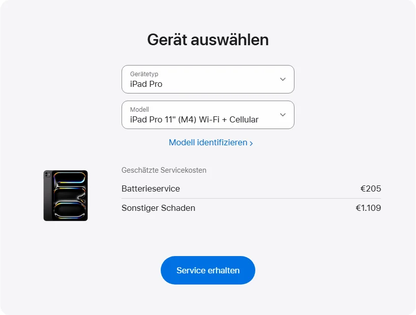 Apple Deutschland's repair pricing panel showing iPad Pro 11" (M4) Wi-Fi + Cellular service estimates