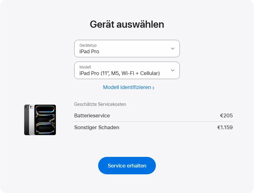 Apple Deutschland's repair pricing panel showing iPad Pro (11″, M5, Wi-Fi + Cellular) service estimates